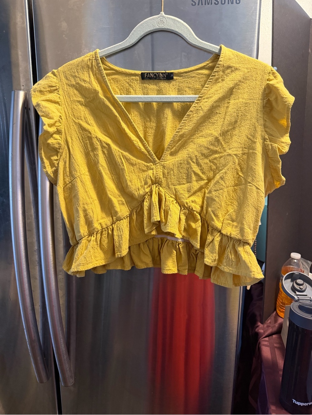 Fancyinn Mustard Ruffle Tie-Front Crop Top